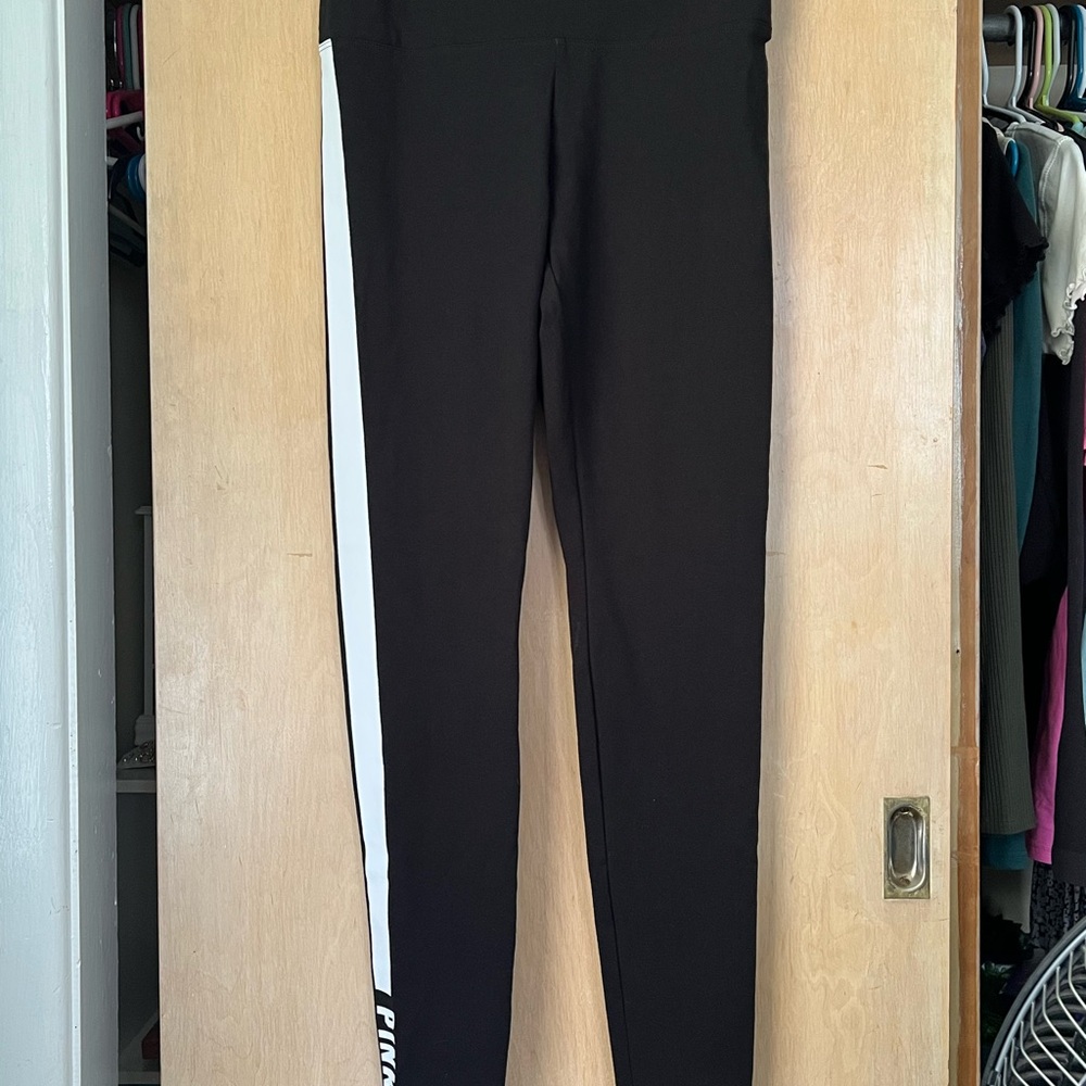PINK Black Leggings with White Stripe Size-M NWT